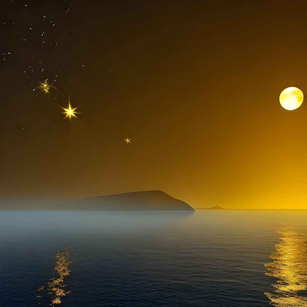 Golden Moon and Red Stars in a Dark Night Sky