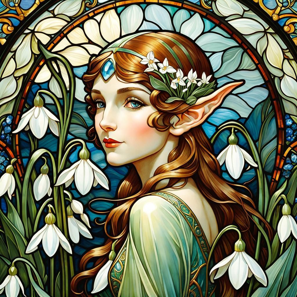 Art Deco Elf in Winter Wonderland Stained Glass