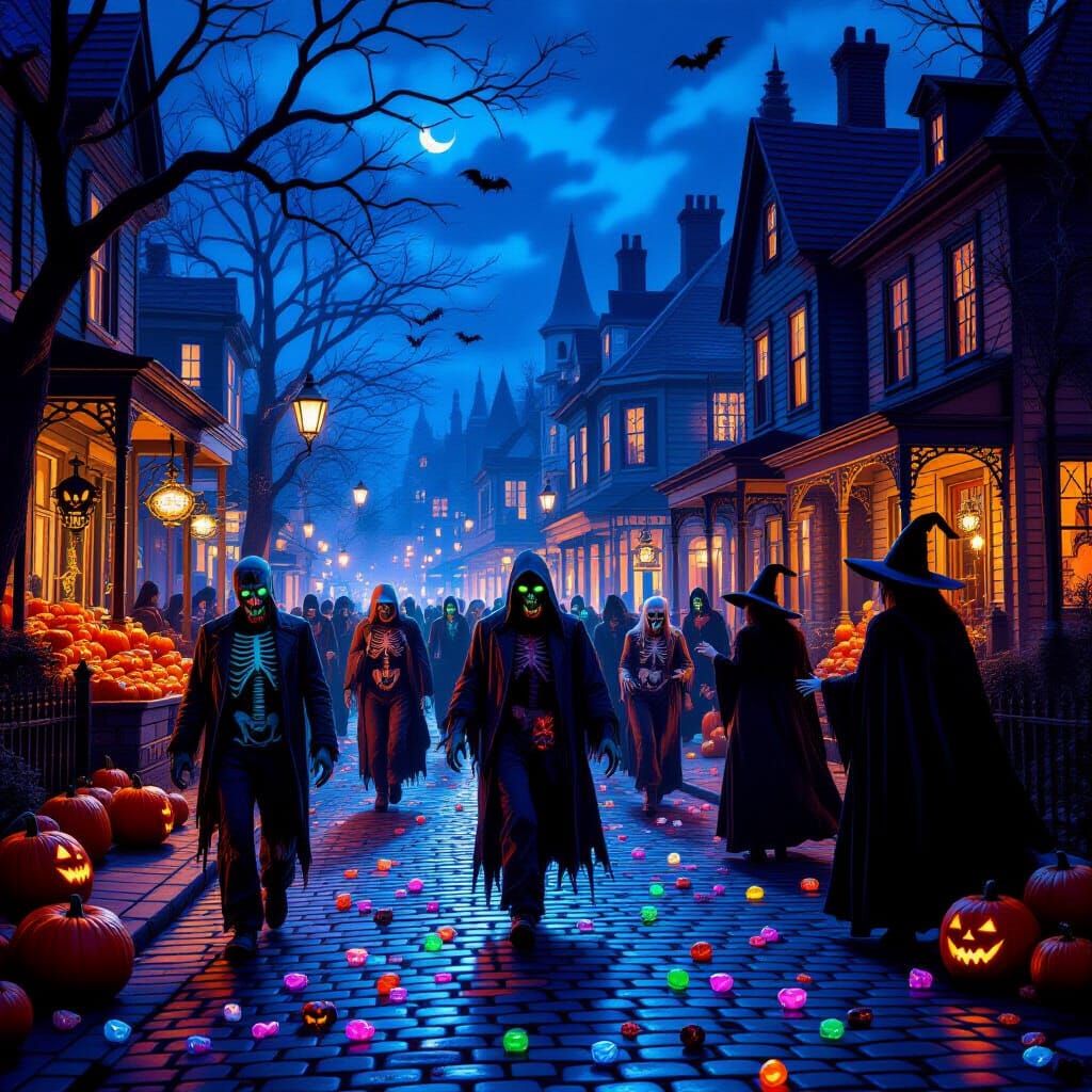 Haunted Halloween Street Scene with Skeleton Bone Houses