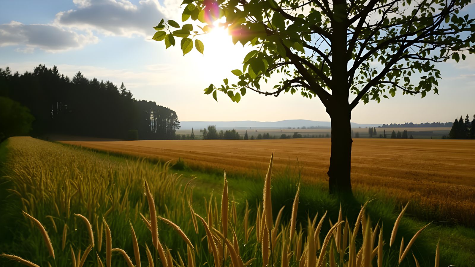 Sunny Morning Fields Bask in Golden Light