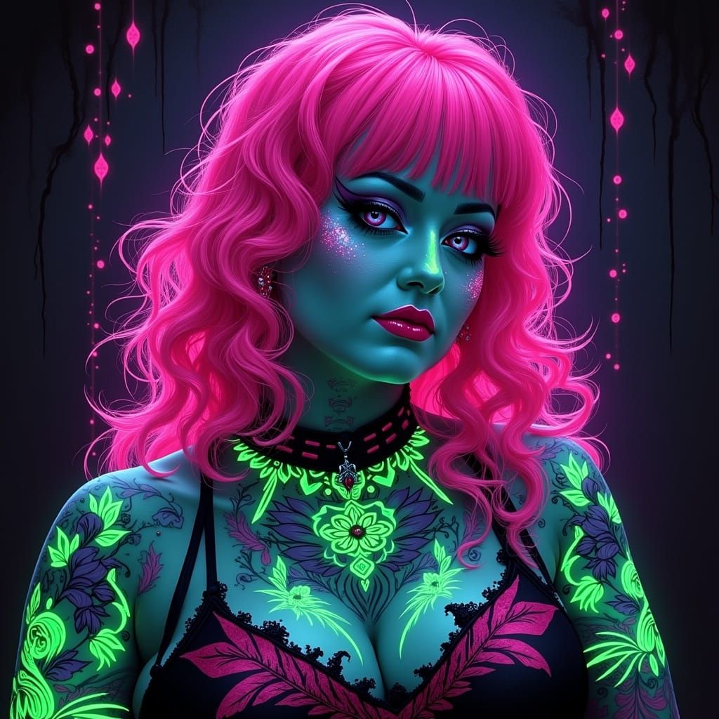 Goth Woman with Neon Tattoos in Alcohol Ink Style