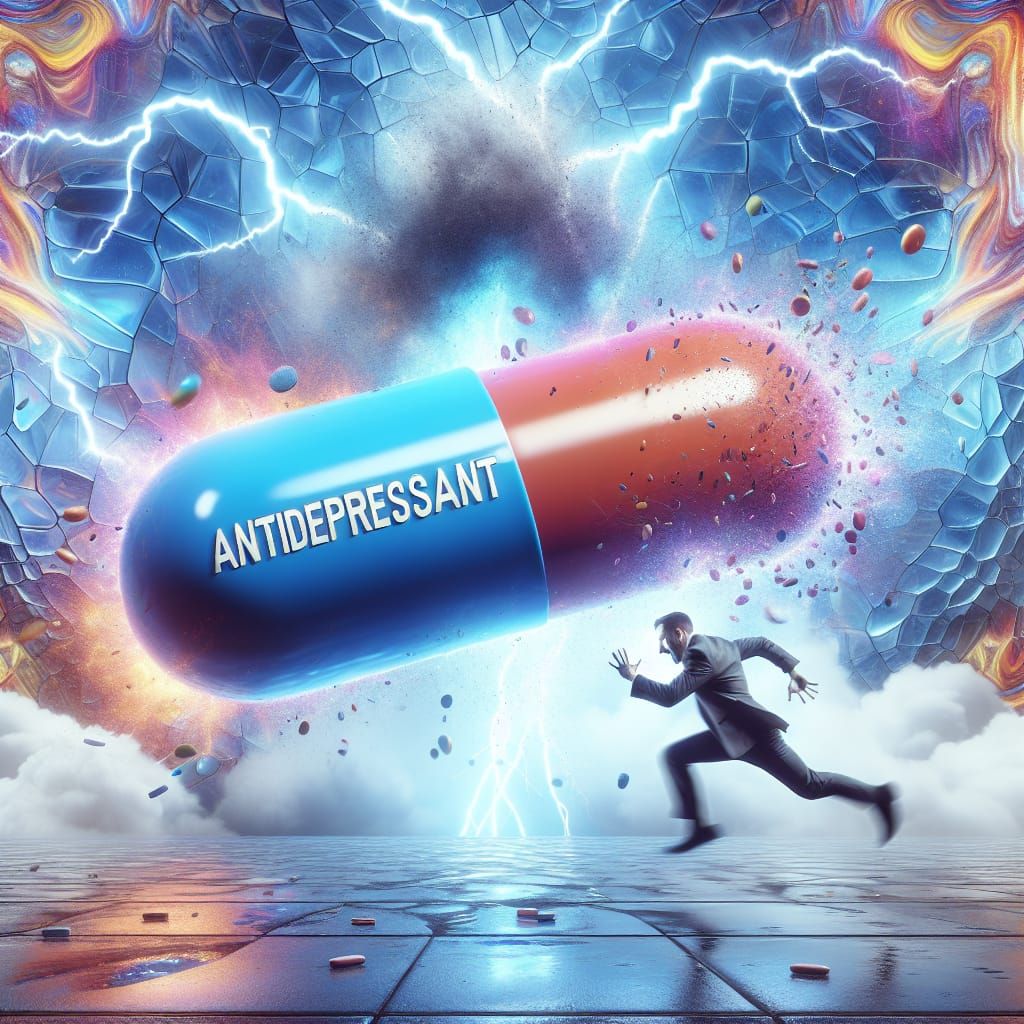 Man in Motion Towards Glowing Antidepressant Pill Amidst Abs...