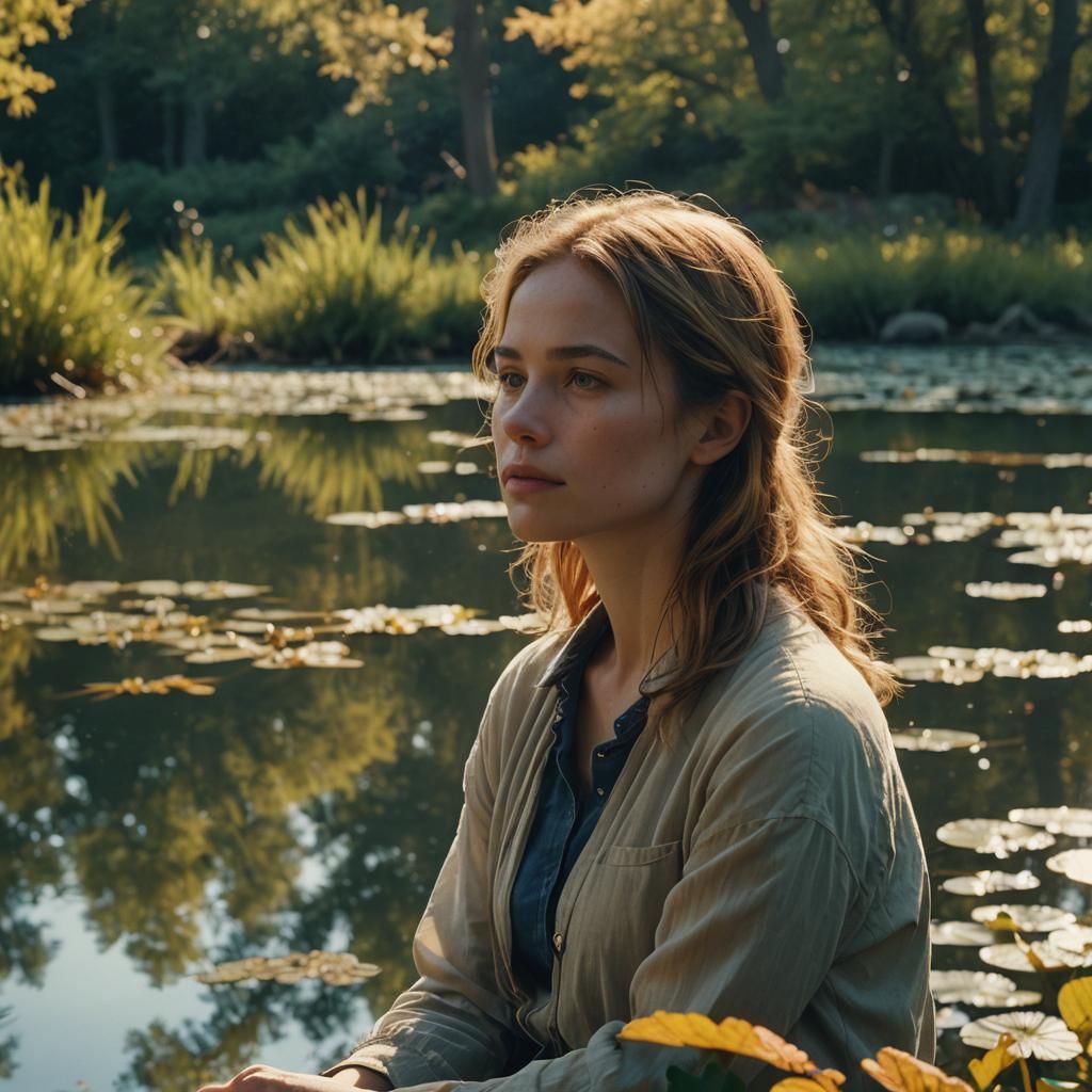 Serene Woman Contemplates by Pond in Cinematic Style