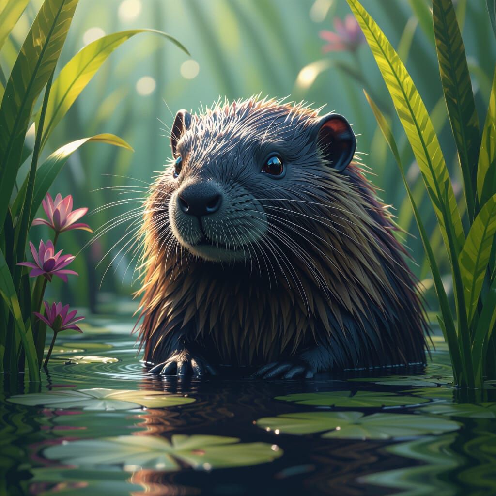 Mystical Nutria in Lush Aquatic Fantasy Art