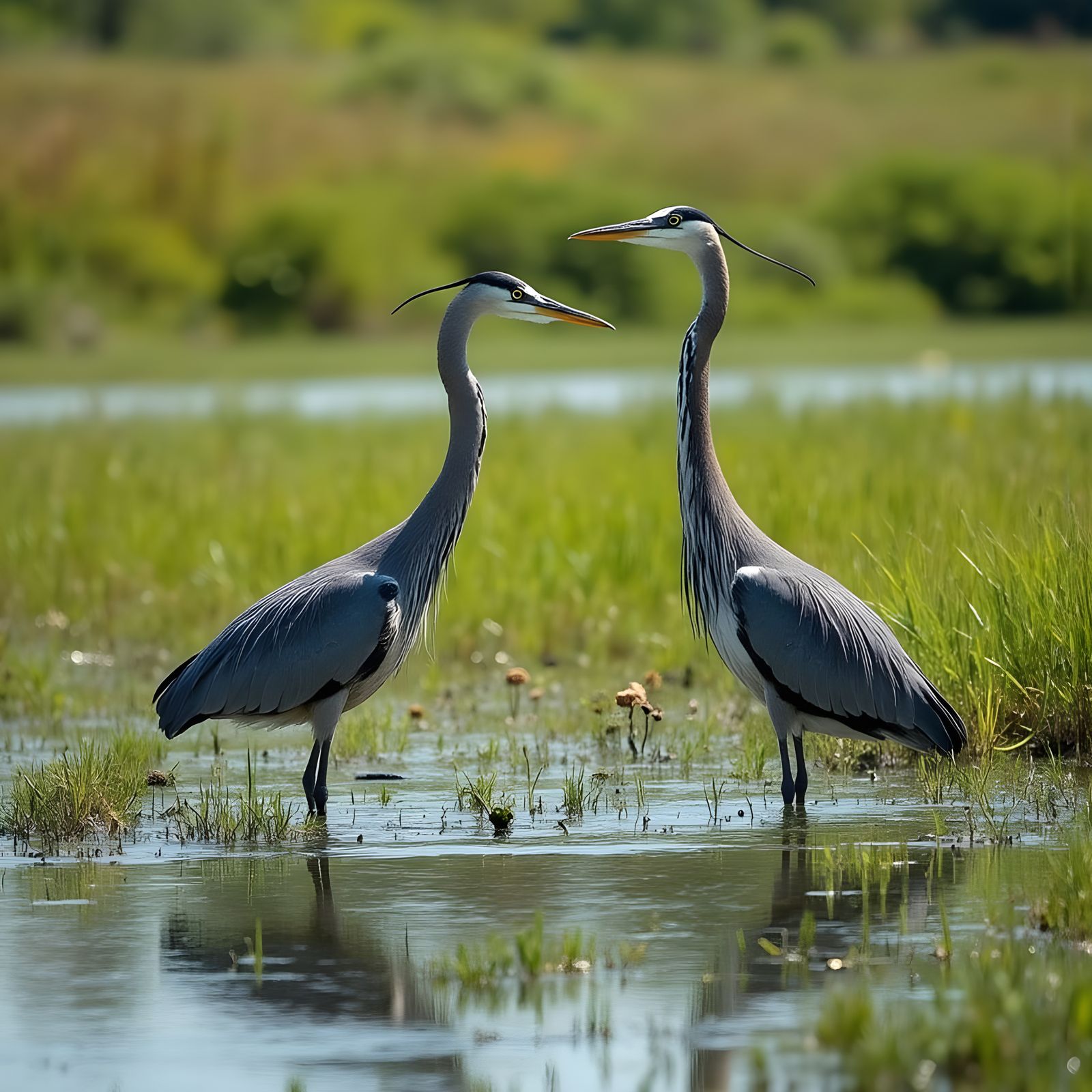 Majestic Heron Pair in a Vibrant Marsh Landscape