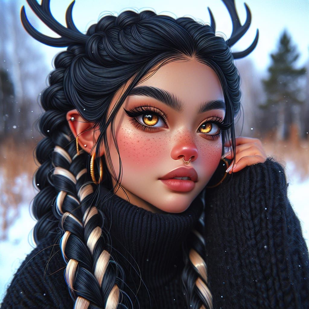 Hispanic Woman with Deer Antlers in Japanese Style