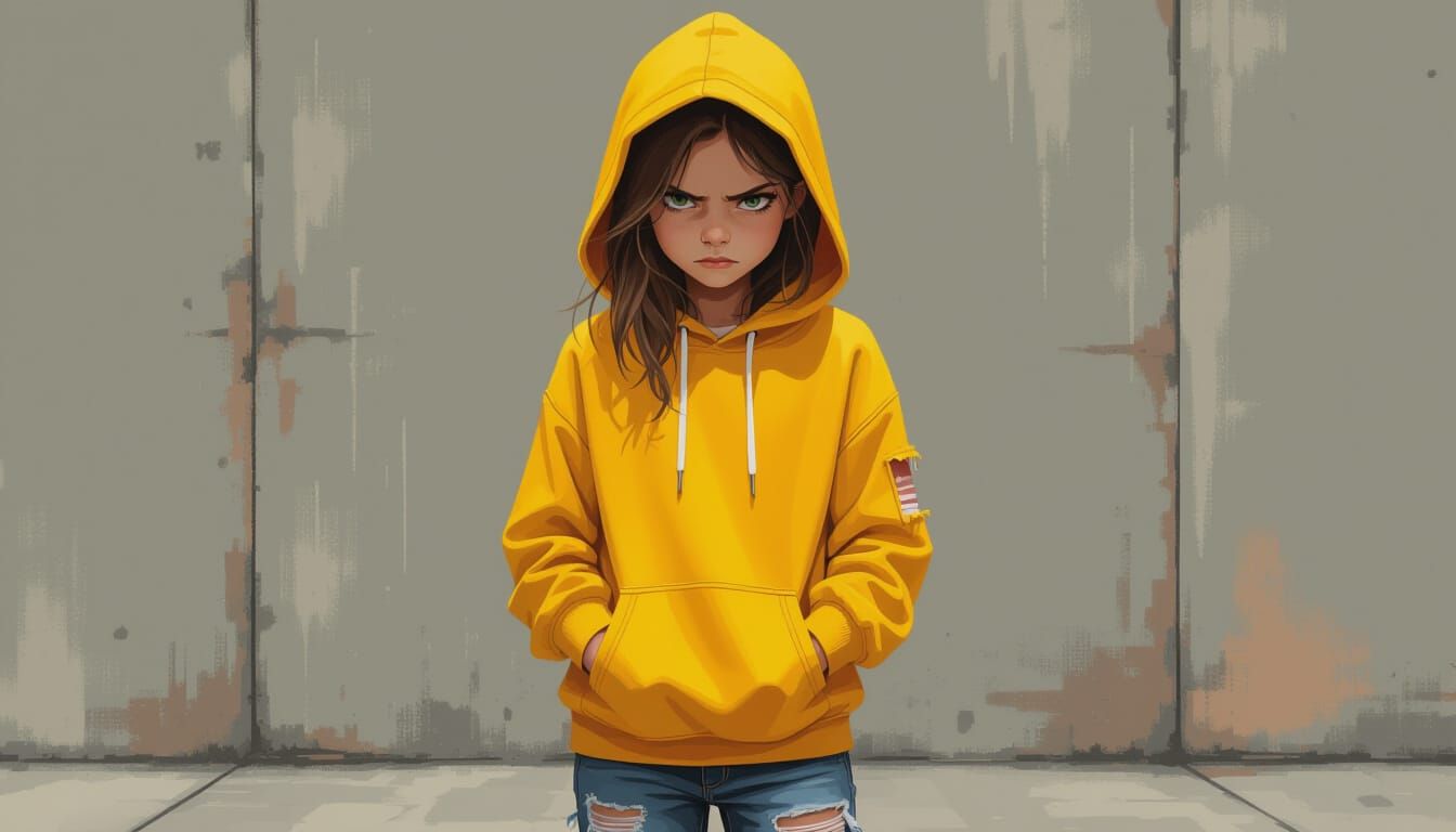 Disgruntled Girl in Urban Digital Painting Style