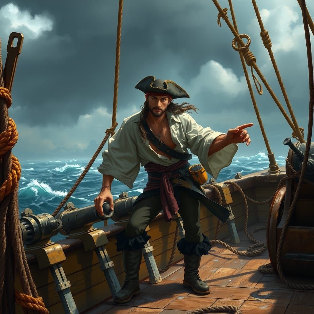Charismatic Pirate Swashbuckling on a Stormy Ship
