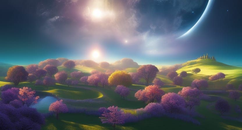 Iridescent Fantasy Landscape with Luminous Sun