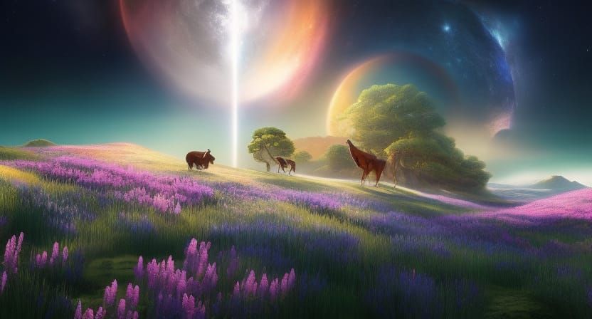 Iridescent Fantasy Landscape with Luminous Sun and Flowers
