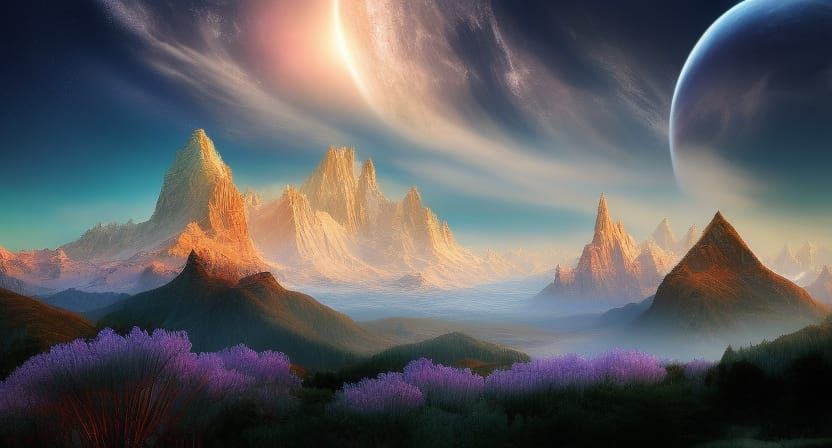 Iridescent Fantasy Landscape with Luminous Sun