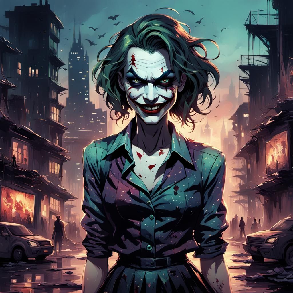 Female Joker in Dark Fantasy Cityscape