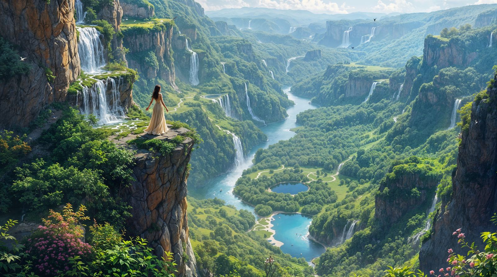 Surreal Landscape of a Woman Weaving Waterfalls