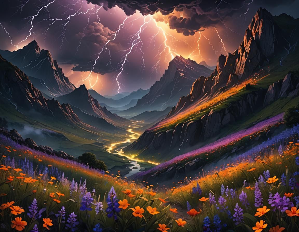 Luminescent Valley: A Night Lightning Storm