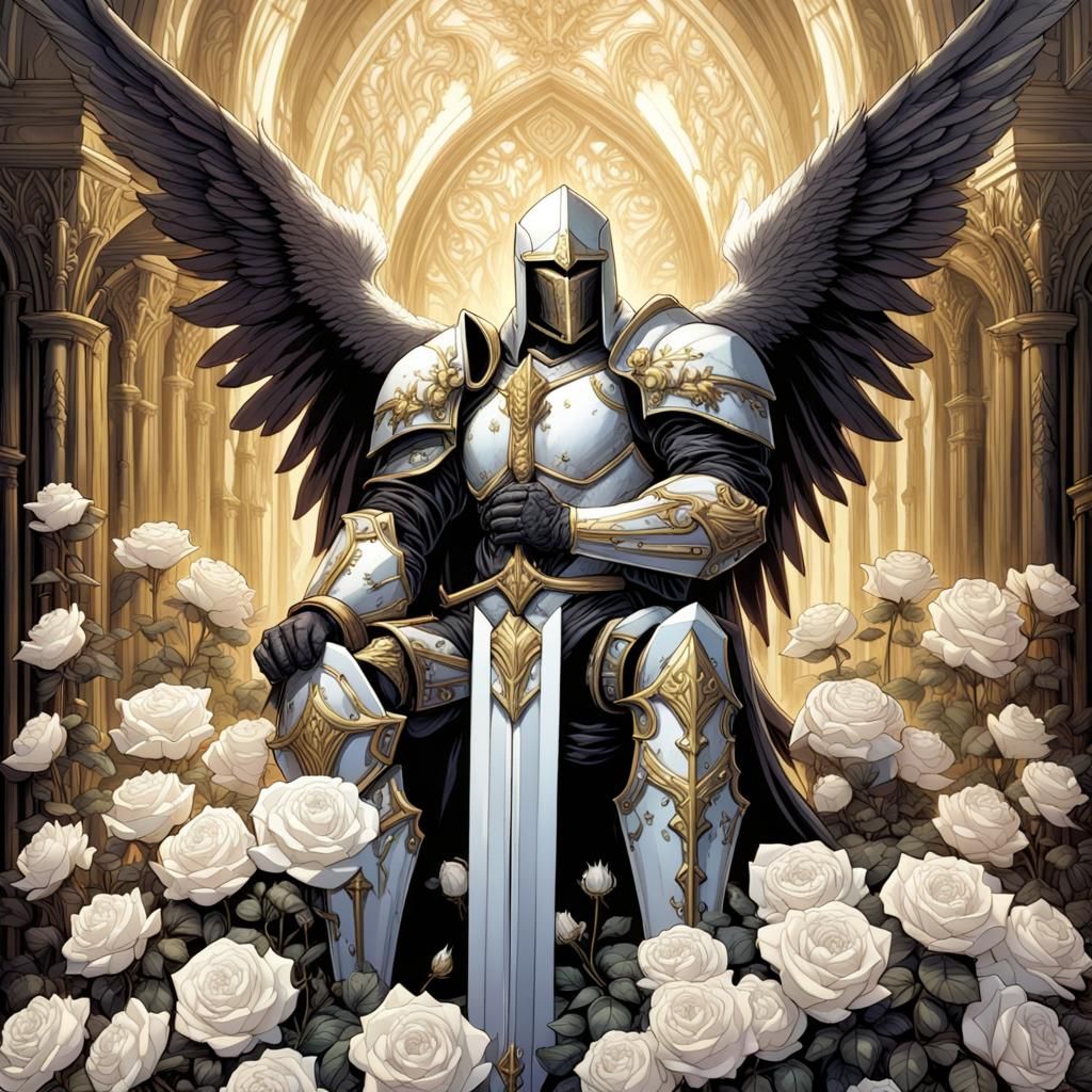 Angelic Knight on Rose Throne in Gothic Armor
