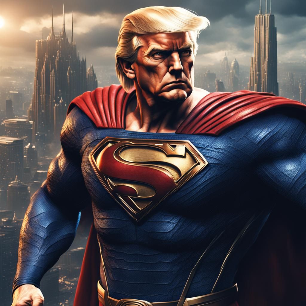 Muscular Trump in Superman Outfit: Detailed Digital Art