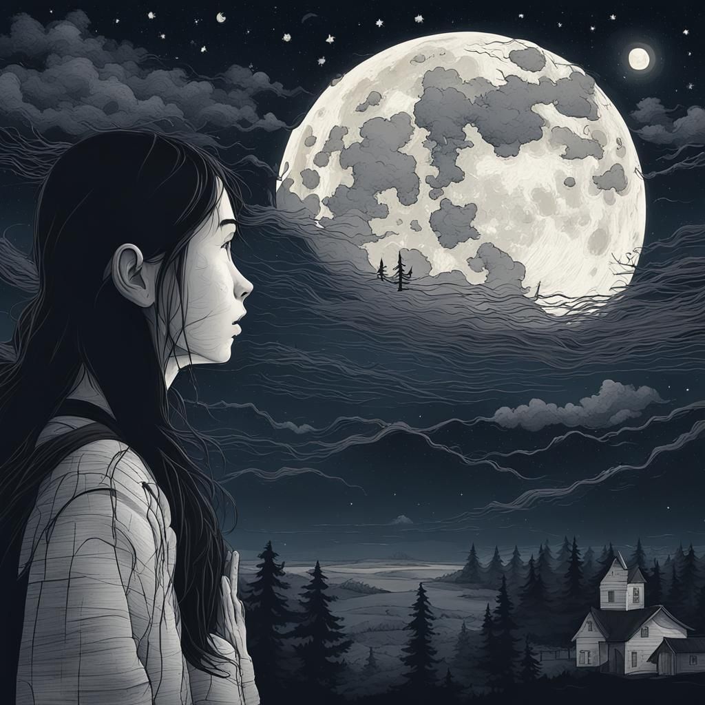 Solitary Figure Under a White Full Moon