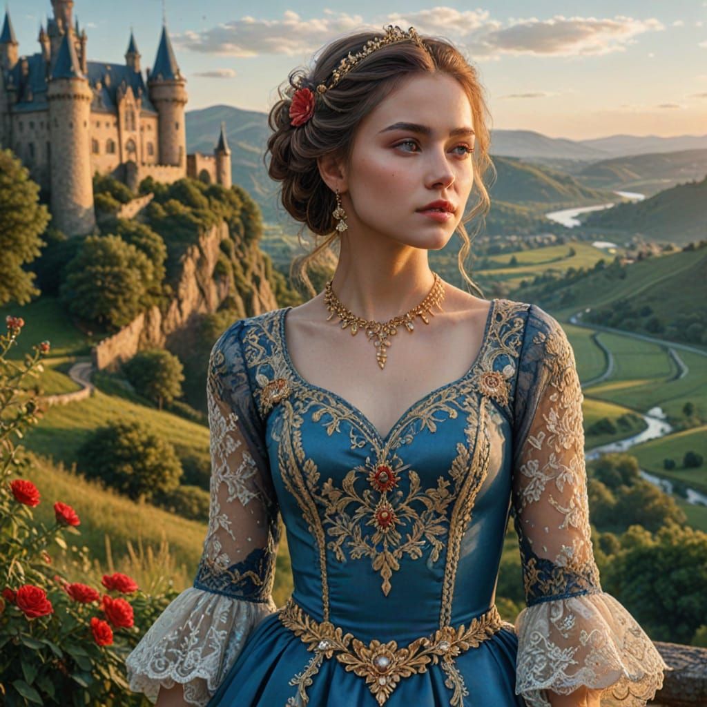 Young Woman in Blue Gown in Picturesque Landscape