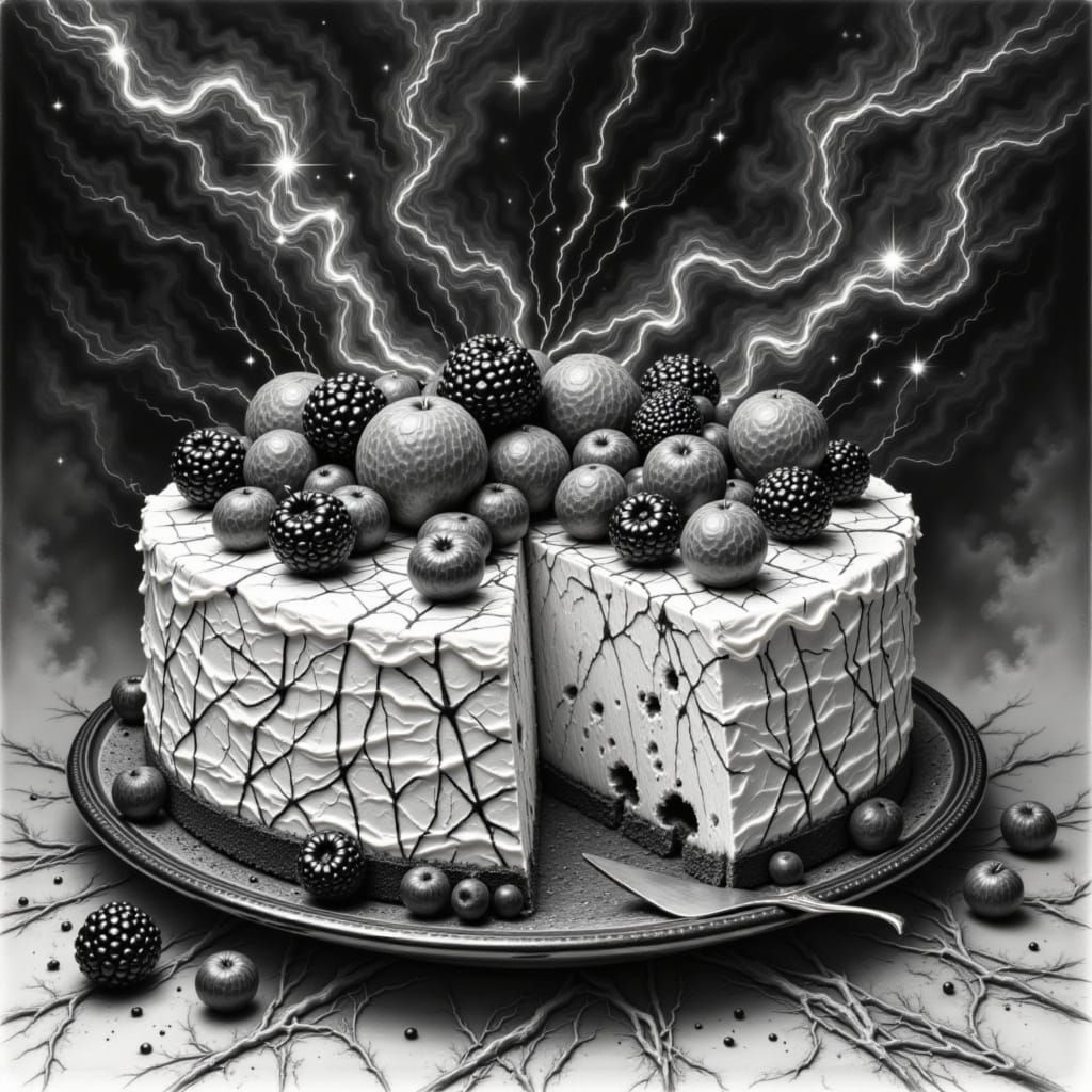 Hyperdetailed Charcoal Dessert with Sugared Spiderwebs