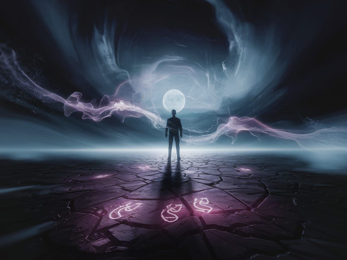 Man on Desolate Plain Under Ethereal Sky