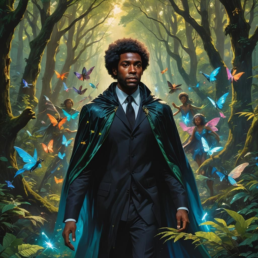 Black Man with Fairies in Lush Forest, Splash Art