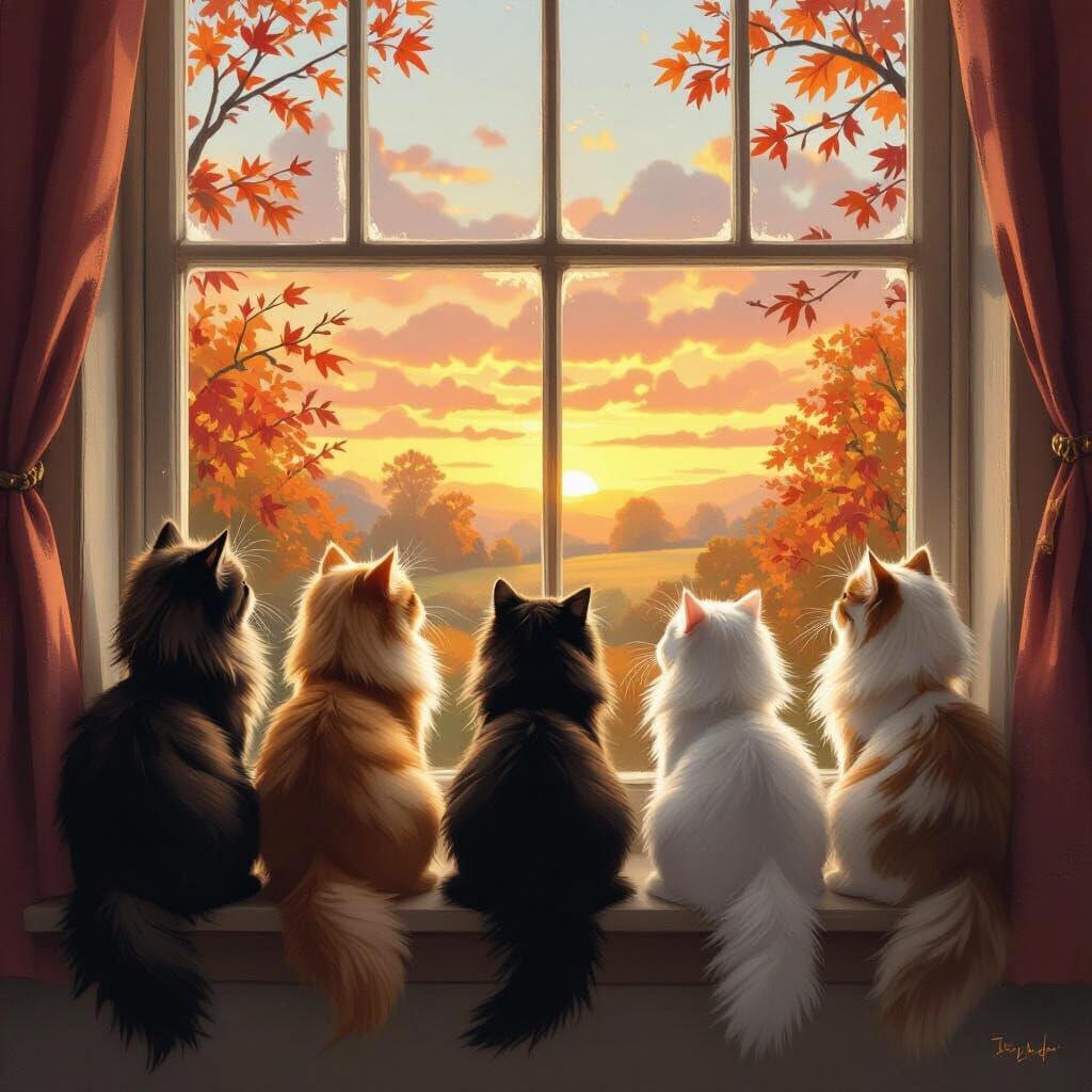 Fluffy Cats Gaze at Autumn Sunrise in Storybook Style