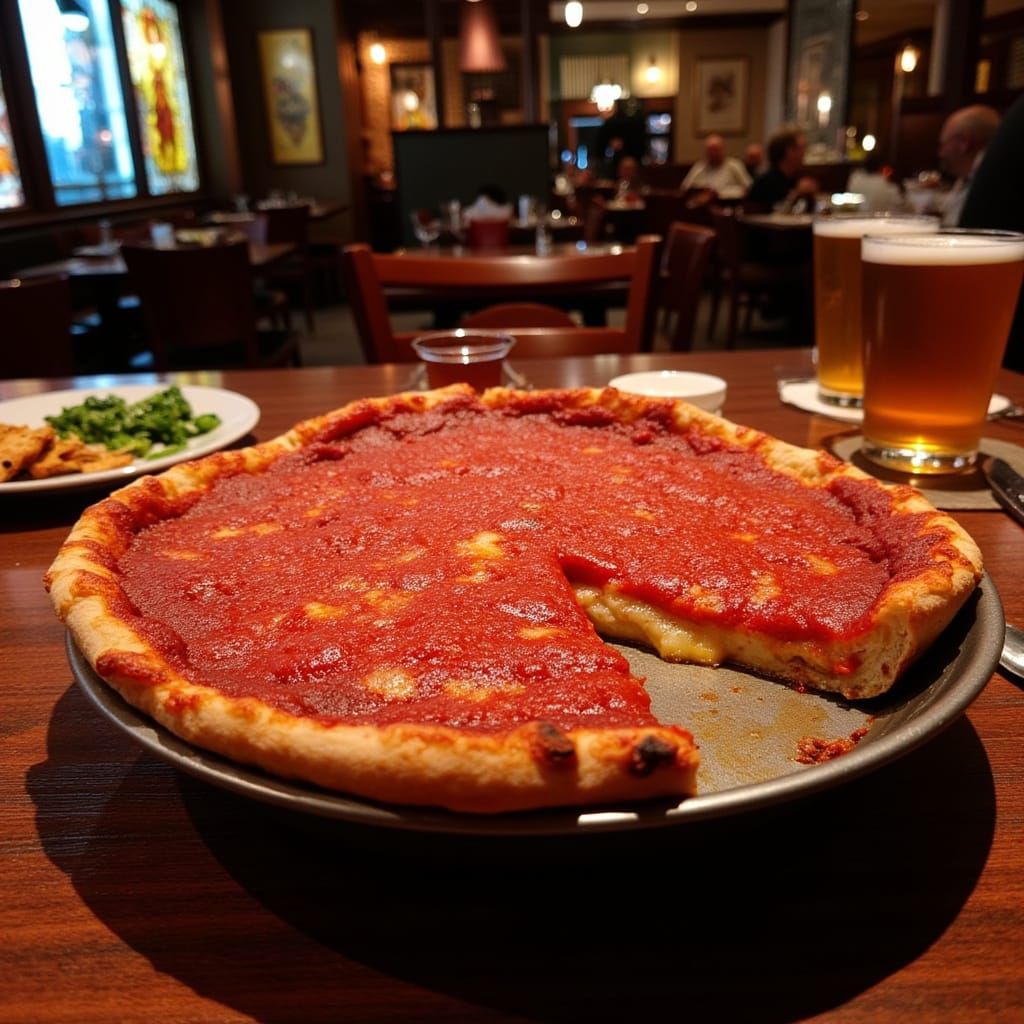 Gooey Chicago-Style Deep Dish Pizza in a Cozy Italian Restau...
