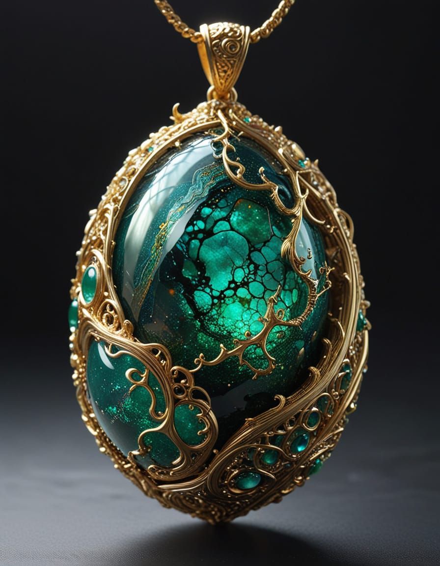 Ethereal Emerald Dragon Egg Torque in Intricate Gold Filigre...