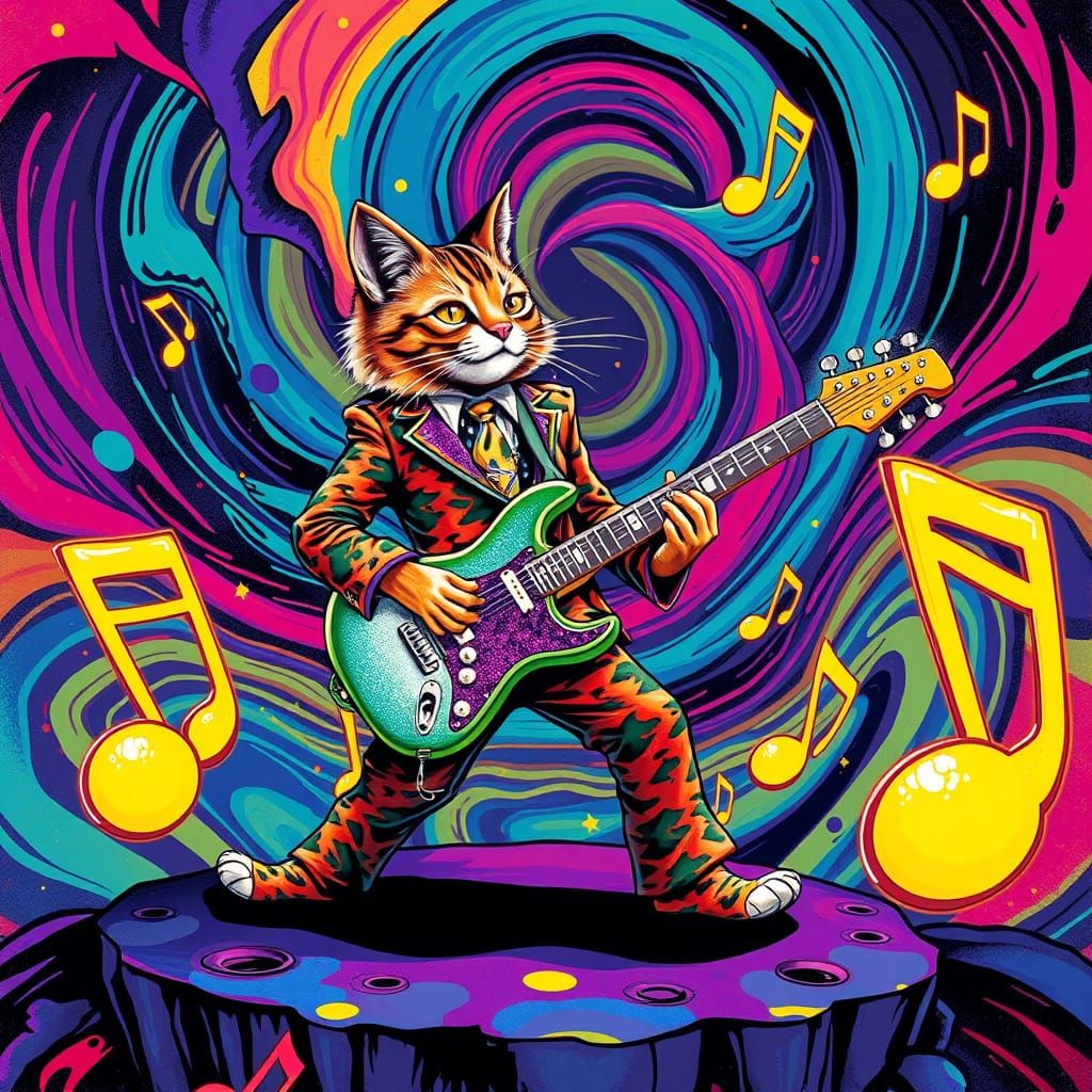 Psychedelic Cat Guitarist in Street Art Style