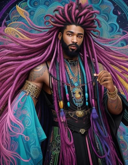 Psychedelic Portrait of a Dancing Man in Vibrant Gown