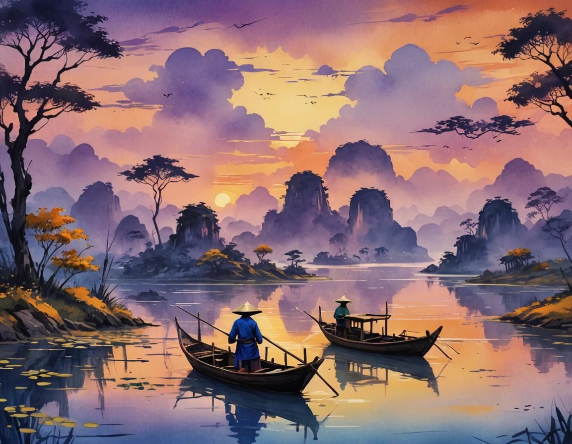 Vietnamese Fishing Boat Sunset: Ink and Watercolor Style