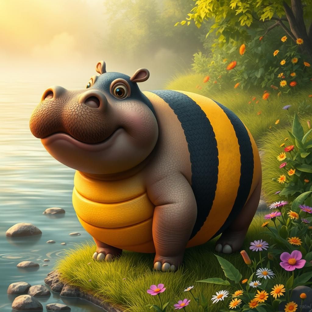 Whimsical Striped Hippo on Riverbank