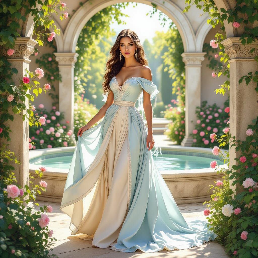 Renaissance Woman in Sunlit Garden, Botticelli Style