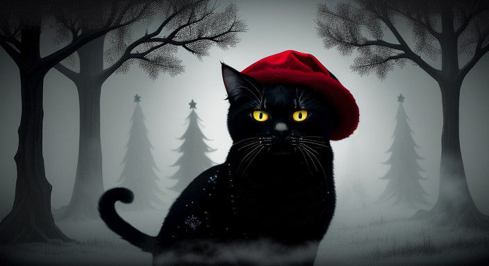 Whimsical Winter Cat in Dark Surrealism