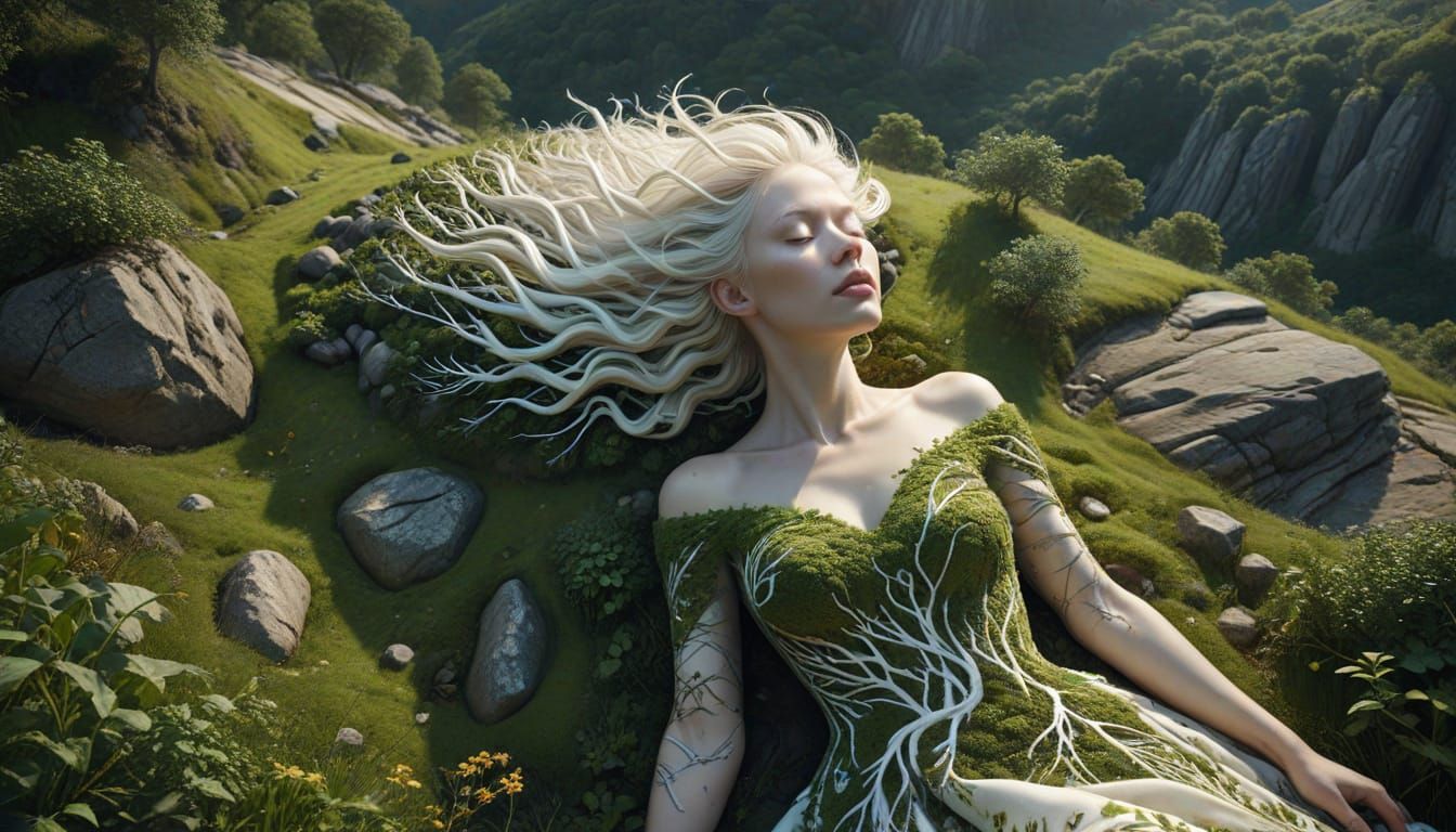 Albino Woman Merging with Landscape, Hyperrealistic Art