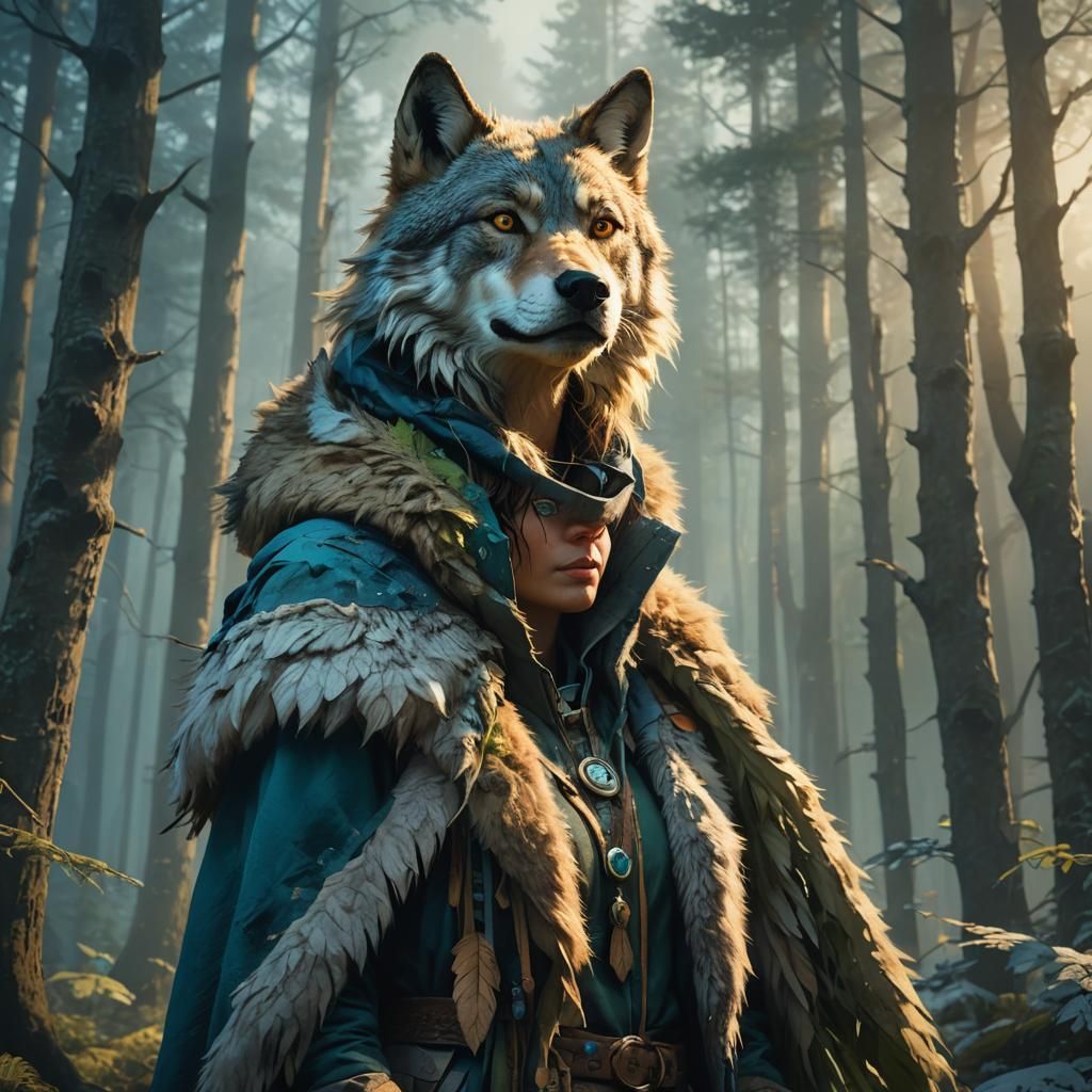Wolfskin Woman in Mystical Forest, Fantasy Art