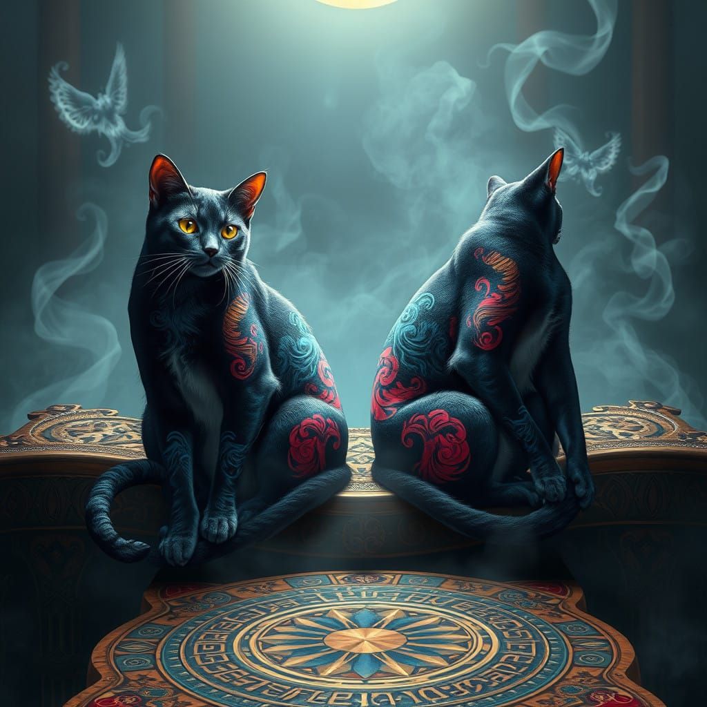 Majestic Tattooed Cats on a Mystical Threshold