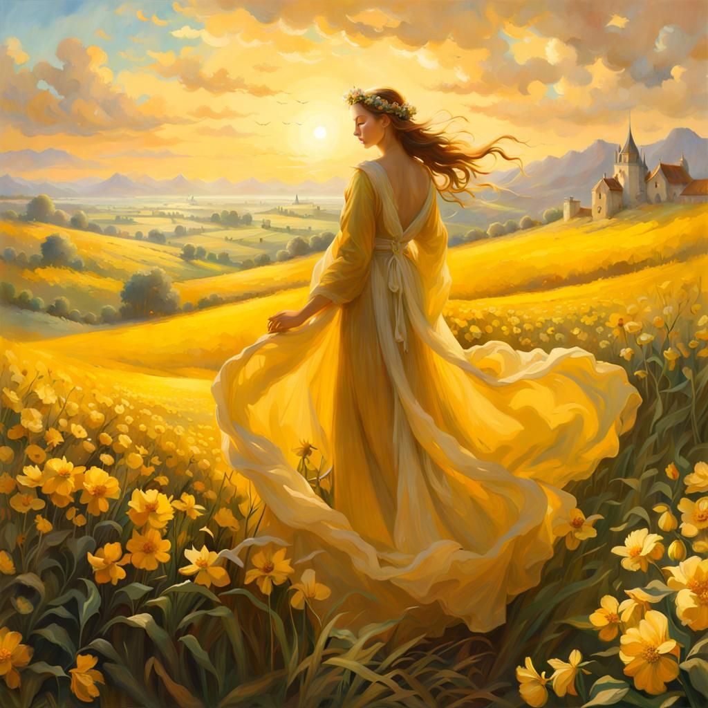 Fields of Yellow Flowers with Ethereal Maiden