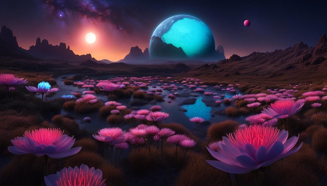 Exotic Alien Flora Bloom on Bioluminescent Planet