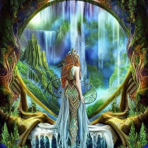 Mystical Elven City with Surreal Waterfalls
