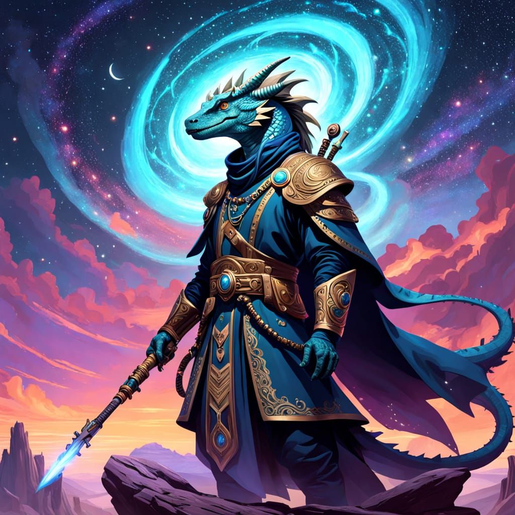 Lizardfolk Shaman Gazing at Nebula in Cosmic Horror Style