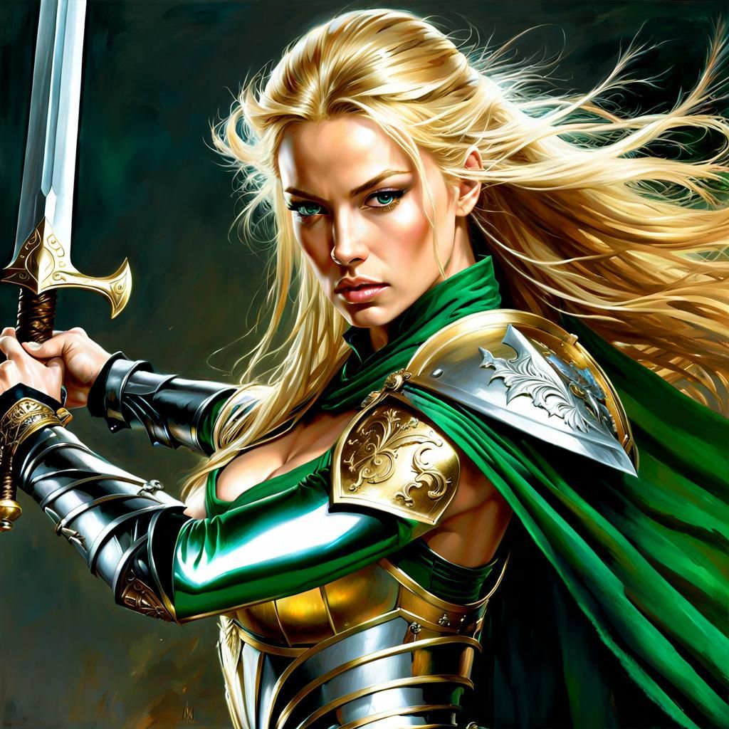 Warrior Woman in Emerald Armor: Hyperrealistic Art