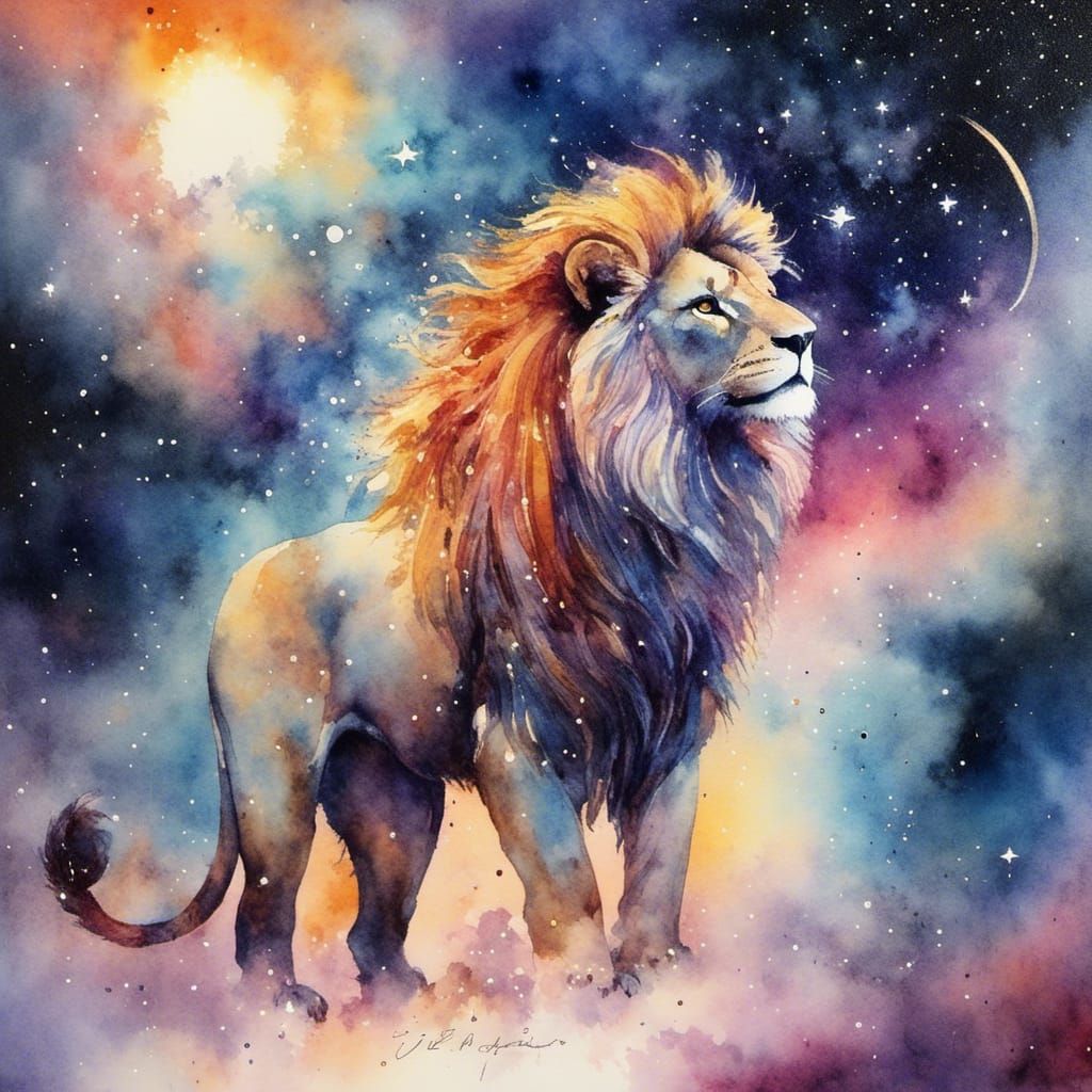 Celestial Leo Zodiac Sign in Watercolor Sky