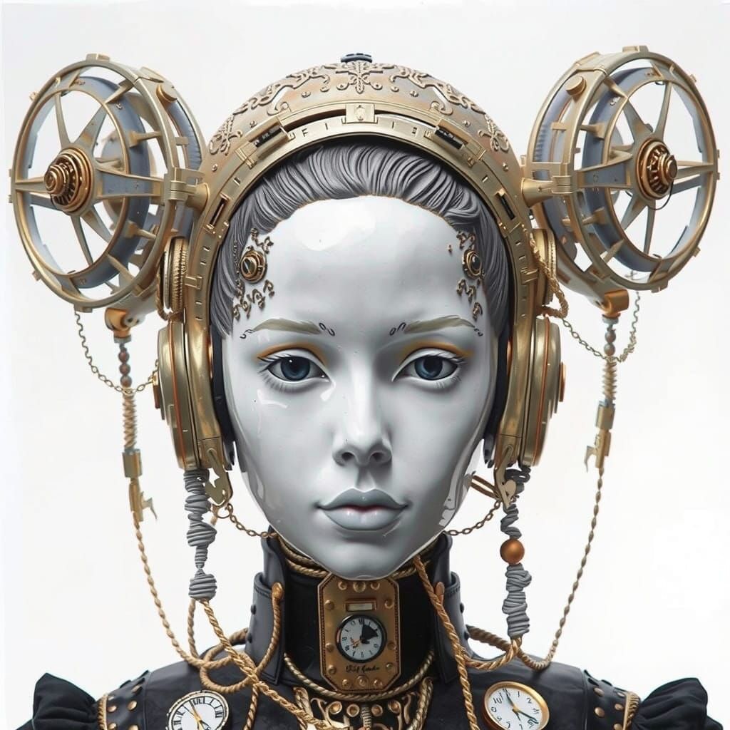 Cyborg Doll in Victorian-Era Attire, Vintage Futuristic Styl...