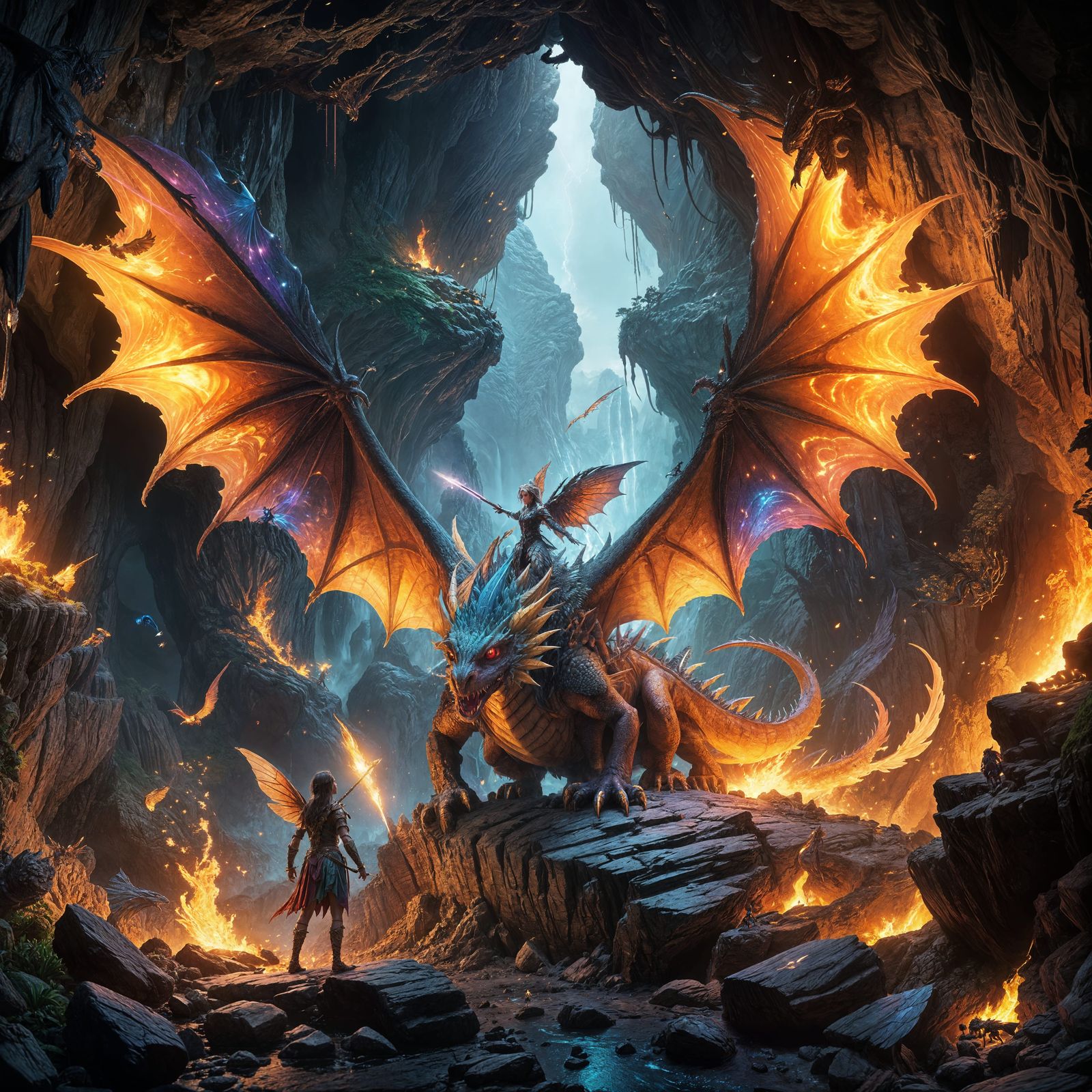 Fairy Tends Hurt Dragon in Torchlit Cave