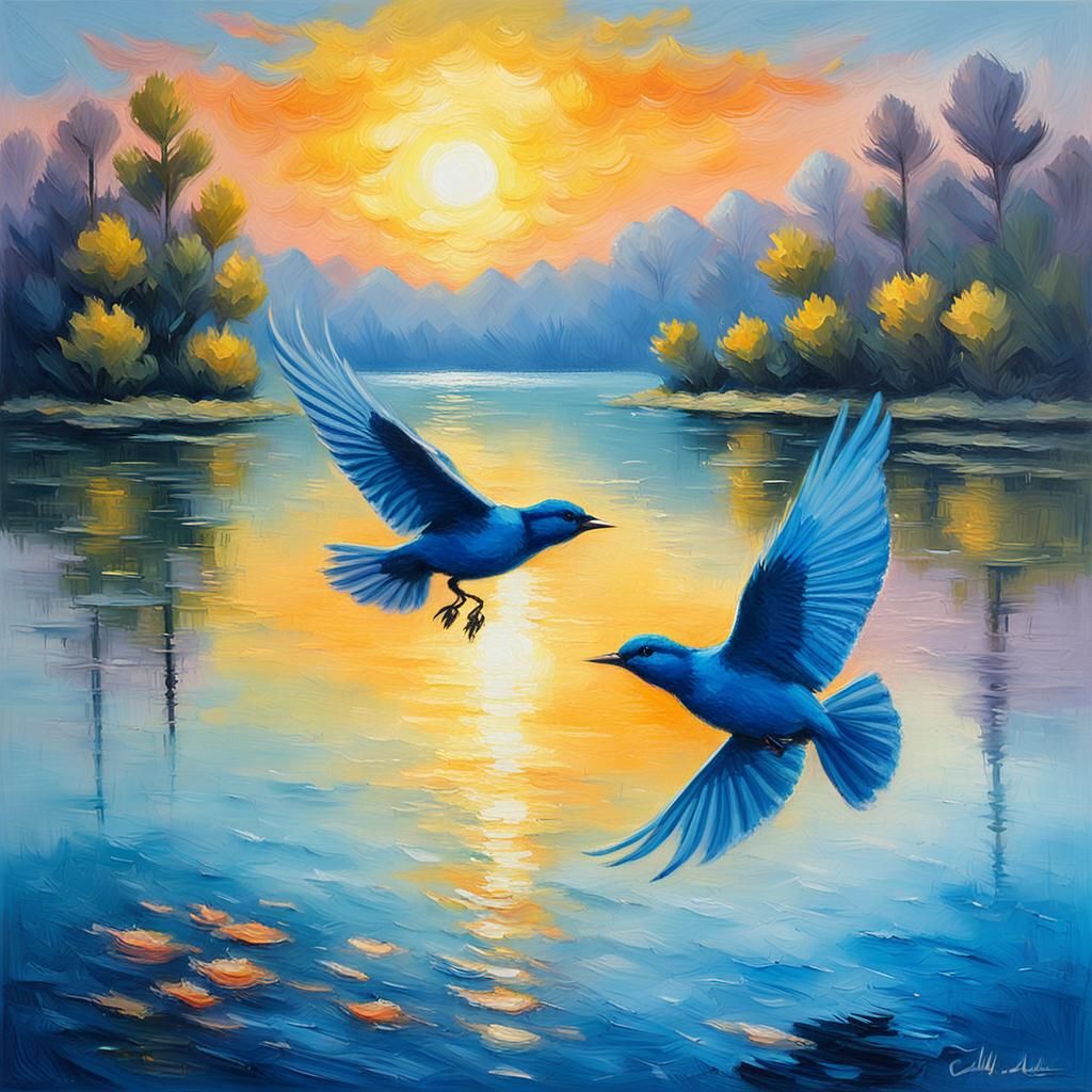 Vibrant African Sunrise with Blue Birds