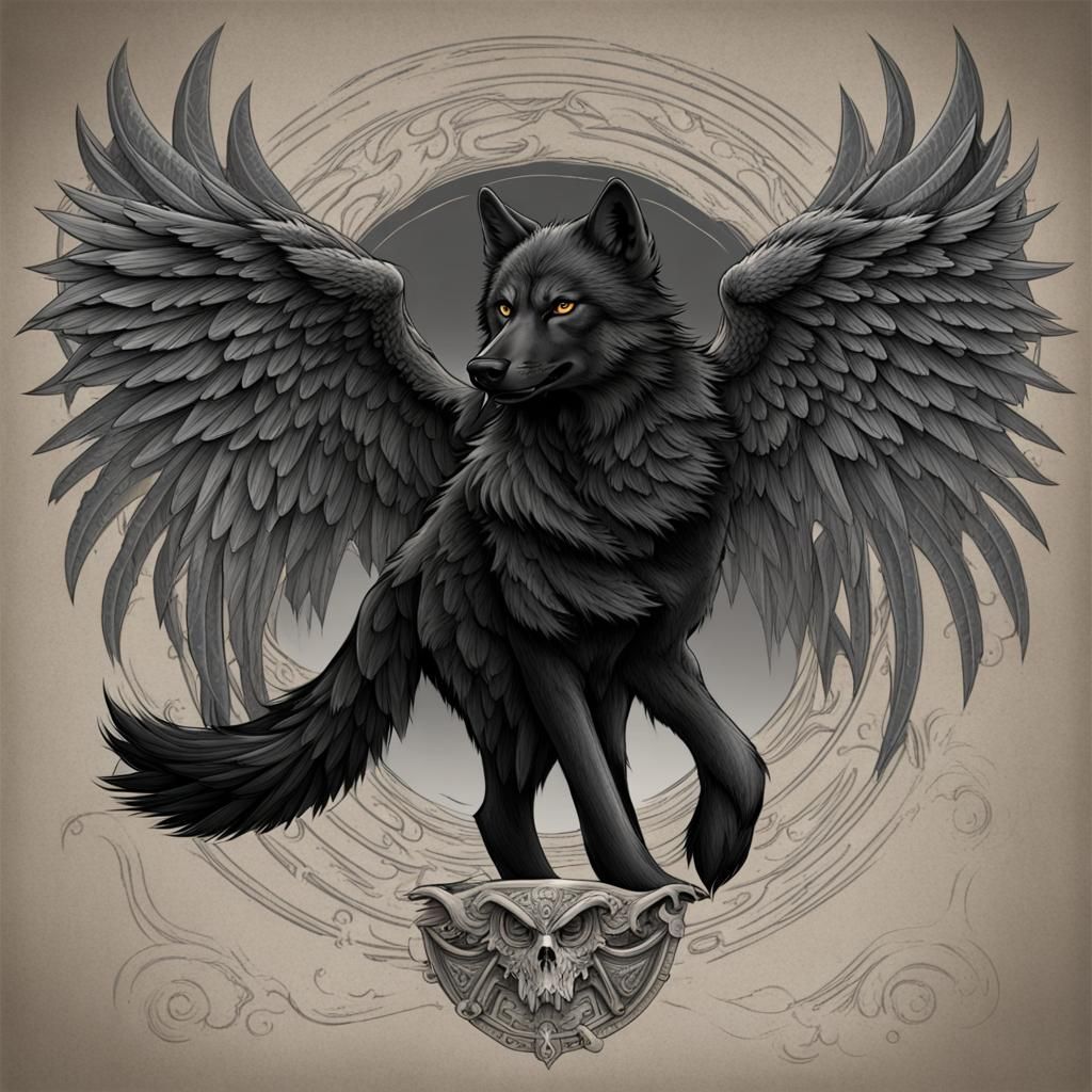 Black wolf crossed with eagle wings