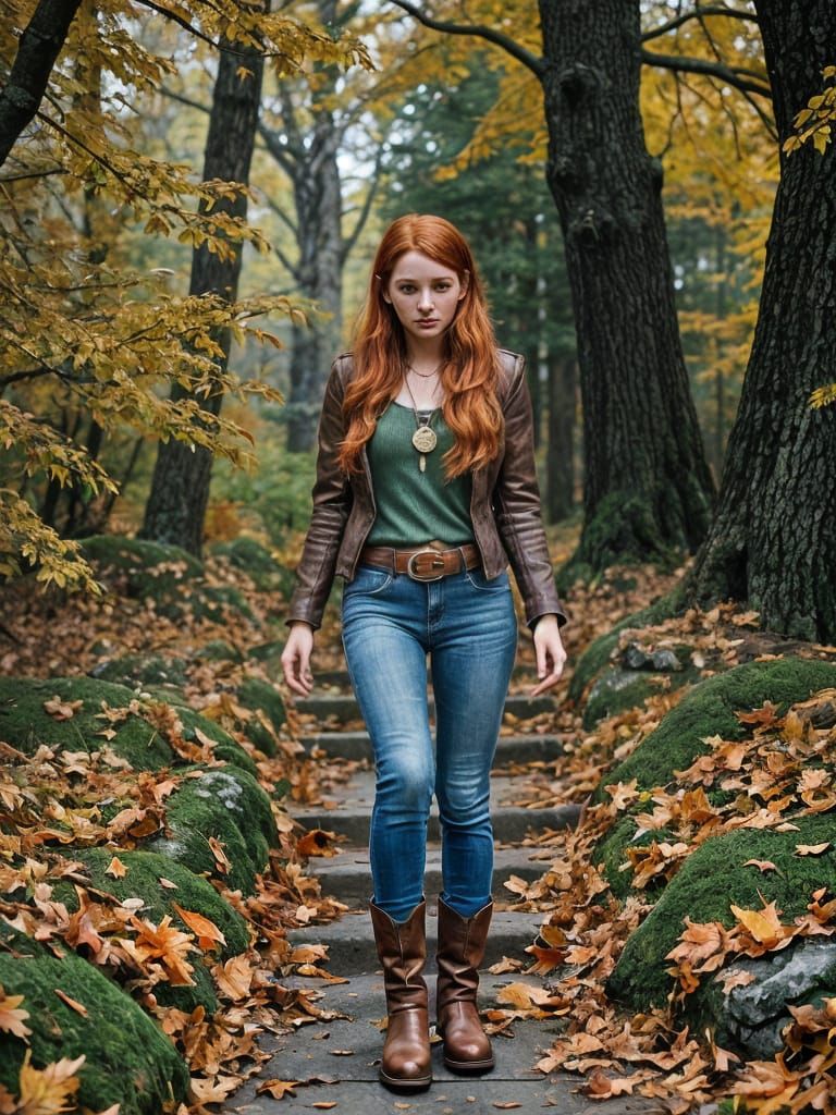 Elven Woman Walking Autumn Path on Windy Day