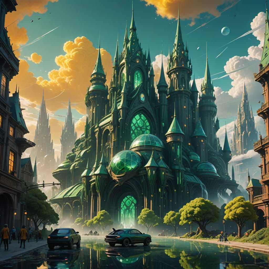 Emerald City Metropolis in High-Fantasy Concept Art Style