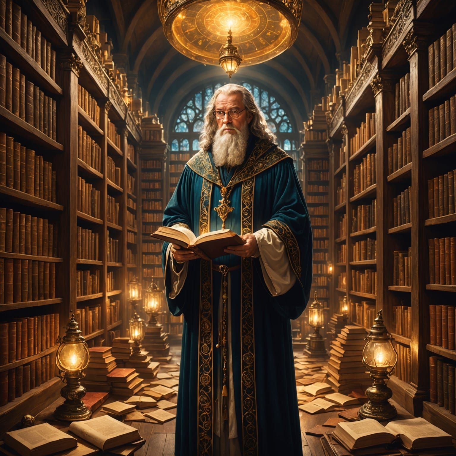 Majestic Librarian in Grand Library with Glowing Tomes